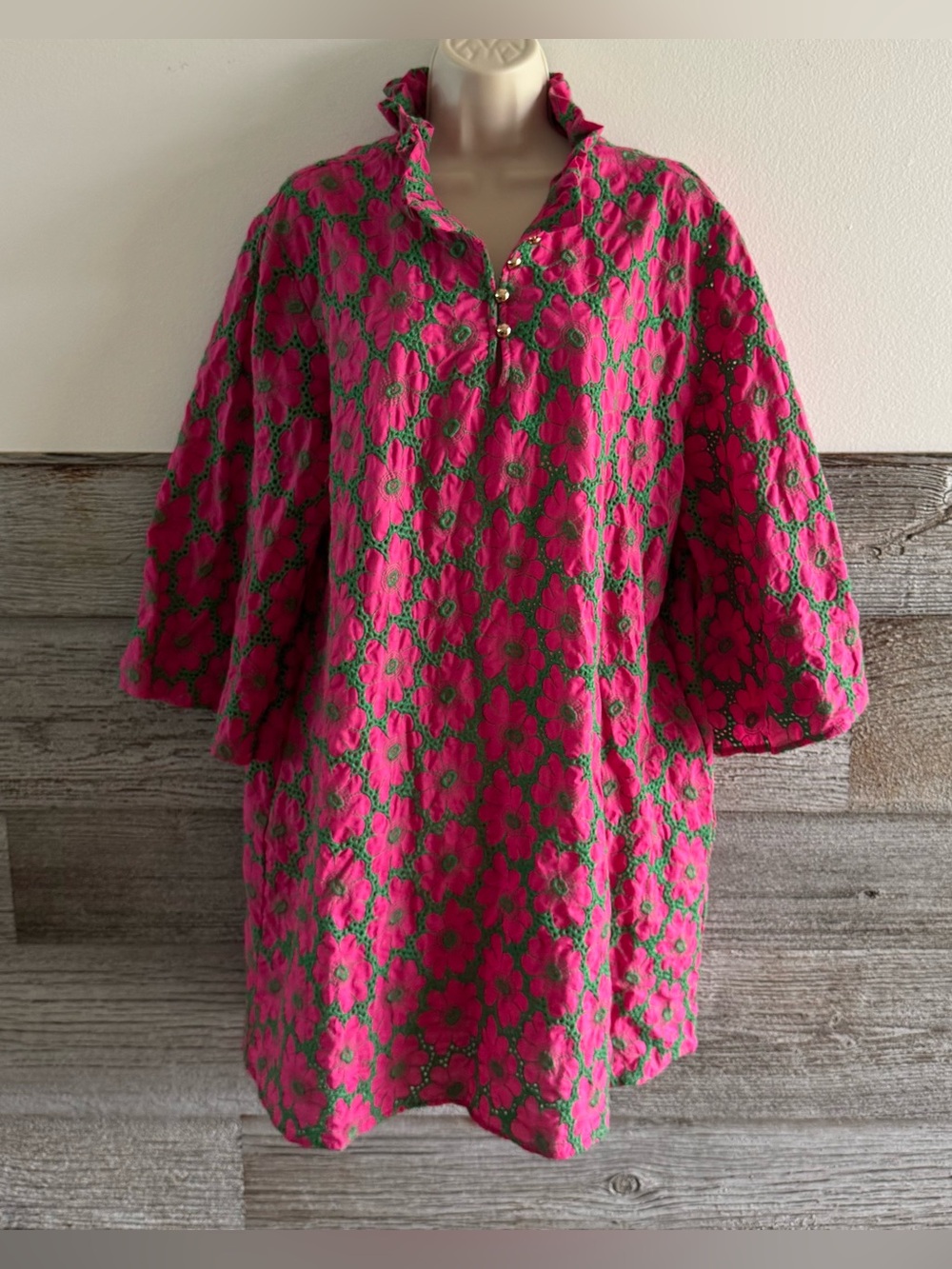 Brianna Cannon Magenta Pink Green Floral Eyelet Tunic Dress L/XL Embroidered